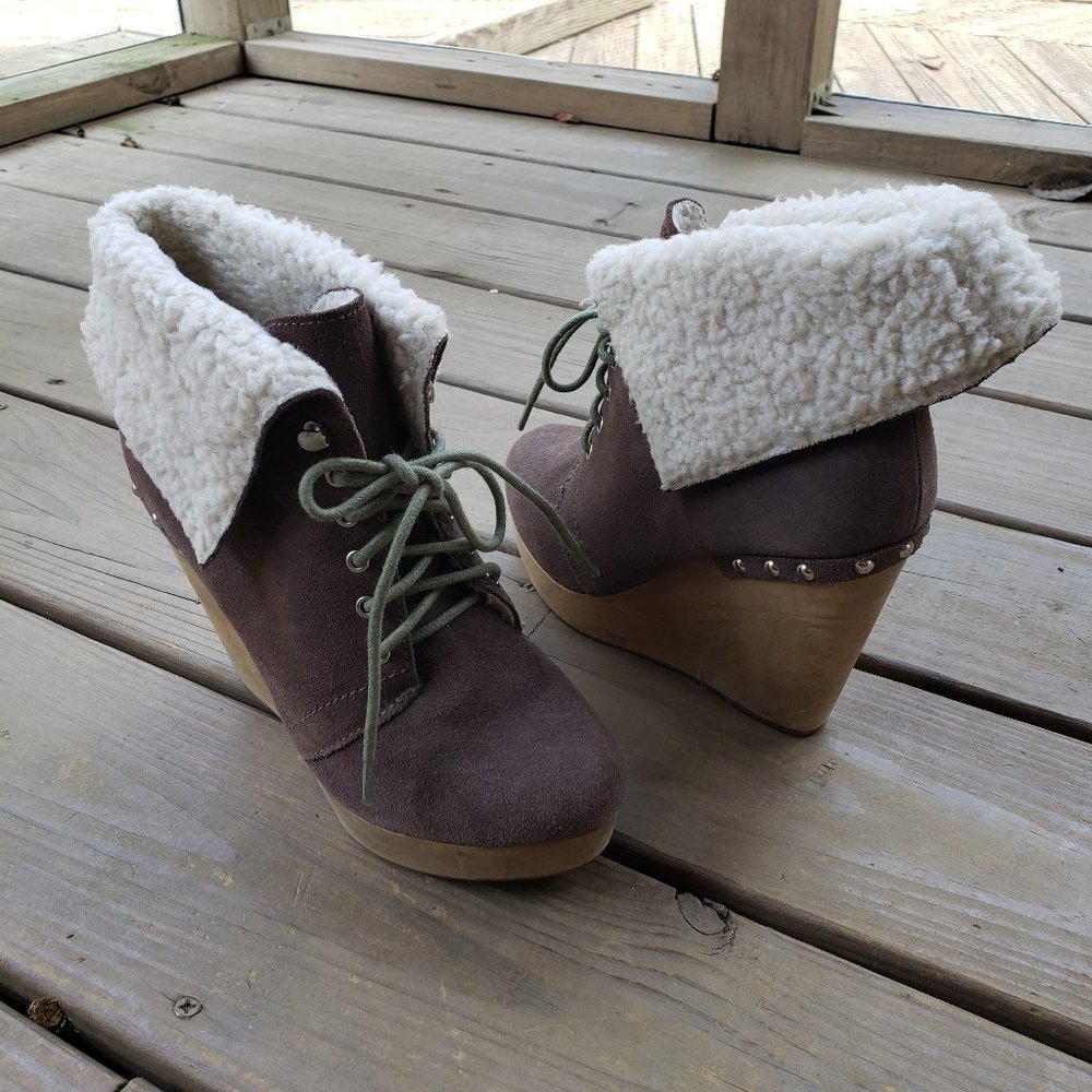Naughty Monkey Sherpa Suede Wedge Lace Up Booties